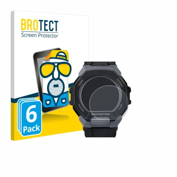 Front side of a product packaging with the brand logo BROTECT. Next to it is the device Casio G-Shock G-Squad GBD-300 shown wi