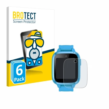 Front side of a product packaging with the brand logo BROTECT. Next to it is the device Xplora Kidzi Watch shown with the corr