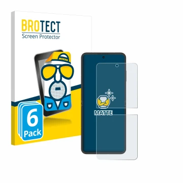 Front side of a product packaging with the brand logo BROTECT. Next to it is the device Nubia Flip 5G shown with the correspon
