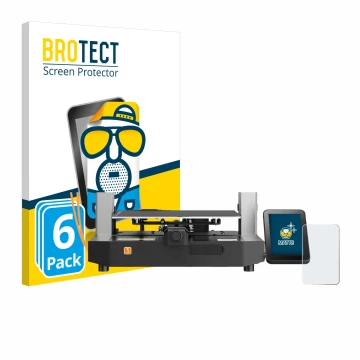 Front side of a product packaging with the brand logo BROTECT. Next to it is the device Anycubic Kobra 3 shown with the corres