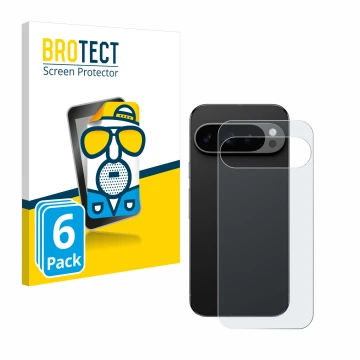 Front side of a product packaging with the brand logo BROTECT. Next to it is the device Google Pixel 9 Pro (Back) shown with t