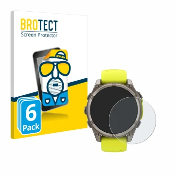 Front side of a product packaging with the brand logo BROTECT. Next to it is the device Garmin Fenix 8 Solar (47 mm) shown wit