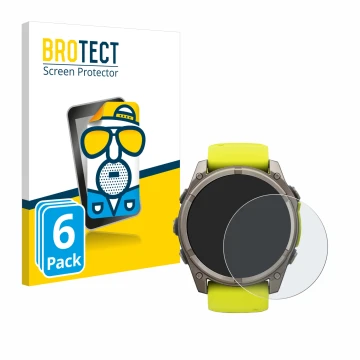 Front side of a product packaging with the brand logo BROTECT. Next to it is the device Garmin Fenix 8 Solar (51 mm) shown wit
