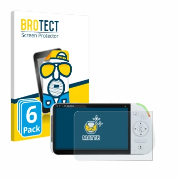 Front side of a product packaging with the brand logo BROTECT. Next to it is the device Babysense MaxView-2CAM 5,5