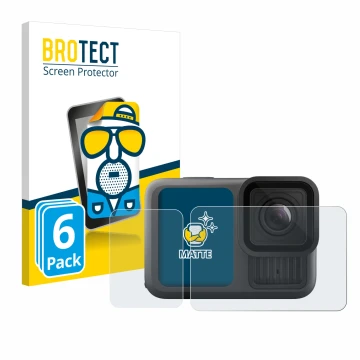 Front side of a product packaging with the brand logo BROTECT. Next to it is the device GoPro Hero 13 Black shown with the cor