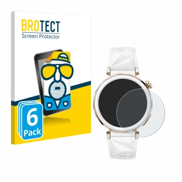 Front side of a product packaging with the brand logo BROTECT. Next to it is the device Huawei Watch GT 5 Pro (42 mm) shown wi