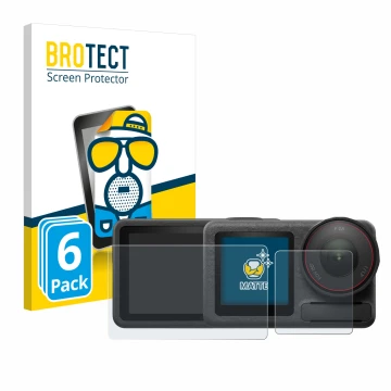 Front side of a product packaging with the brand logo BROTECT. Next to it is the device DJI Osmo Action 5 Pro shown with the c