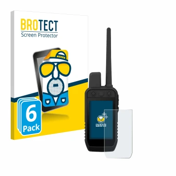 Front side of a product packaging with the brand logo BROTECT. Next to it is the device Garmin Alpha 300 K shown with the corr