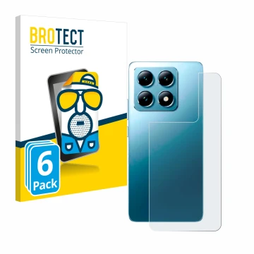 Front side of a product packaging with the brand logo BROTECT. Next to it is the device Xiaomi 14T (Back) shown with the corre