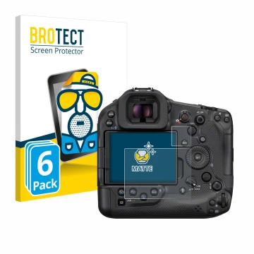 Front side of a product packaging with the brand logo BROTECT. Next to it is the device Canon EOS R1 shown with the correspond