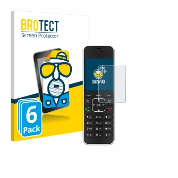 Front side of a product packaging with the brand logo BROTECT. Next to it is the device AVM Fritz!Fon C6 Black shown with the 