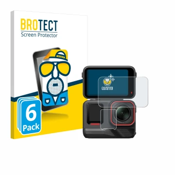 Front side of a product packaging with the brand logo BROTECT. Next to it is the device Insta360 Ace Pro 2 shown with the corr