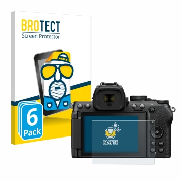 Front side of a product packaging with the brand logo BROTECT. Next to it is the device Nikon Z50 II shown with the correspond