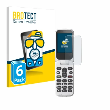 Front side of a product packaging with the brand logo BROTECT. Next to it is the device Doro 2820 shown with the corresponding