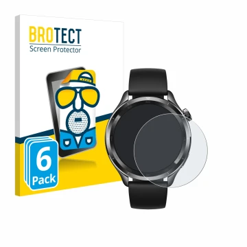 Front side of a product packaging with the brand logo BROTECT. Next to it is the device Xiaomi Watch S4 (47 mm) shown with the