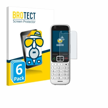 Front side of a product packaging with the brand logo BROTECT. Next to it is the device Unify OpenScape S6 shown with the corr