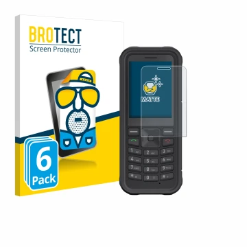 Front side of a product packaging with the brand logo BROTECT. Next to it is the device Sonim XP100 shown with the correspondi