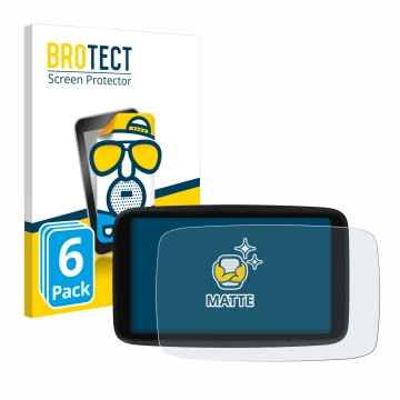 Front side of a product packaging with the brand logo BROTECT. Next to it is the device TomTom GO Advanced shown with the corr