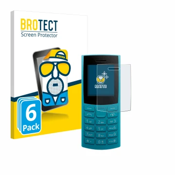 Front side of a product packaging with the brand logo BROTECT. Next to it is the device Nokia 105 4G 2nd Edition shown with th