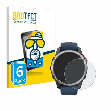 Front side of a product packaging with the brand logo BROTECT. Next to it is the device Garmin quatix 7 Pro shown with the cor