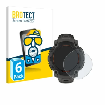 Front side of a product packaging with the brand logo BROTECT. Next to it is the device Garmin Instinct E (45 mm) shown with t