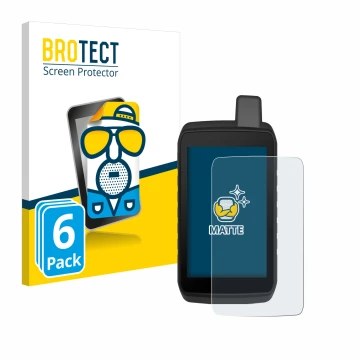 Front side of a product packaging with the brand logo BROTECT. Next to it is the device Garmin Montana 710 shown with the corr