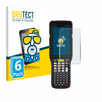 Front side of a product packaging with the brand logo BROTECT. Next to it is the device Zebra MC3400 shown with the correspond