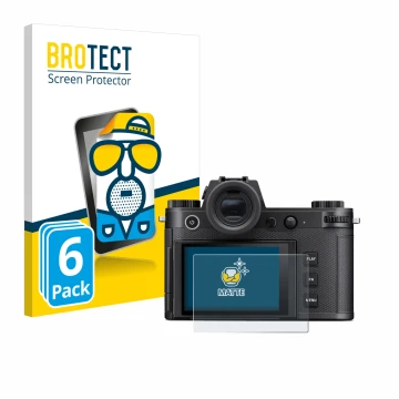 Front side of a product packaging with the brand logo BROTECT. Next to it is the device Leica SL3-S shown with the correspondi