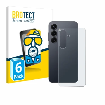 Front side of a product packaging with the brand logo BROTECT. Next to it is the device Samsung Galaxy S25 (Back) shown with t
