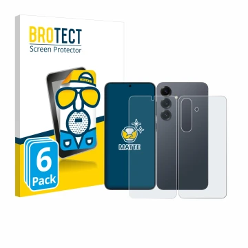 Front side of a product packaging with the brand logo BROTECT. Next to it is the device Samsung Galaxy S25 (Front+Back) shown 