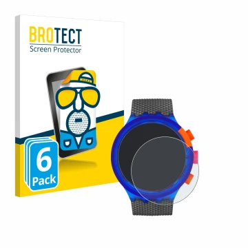 Front side of a product packaging with the brand logo BROTECT. Next to it is the device Swatch Neon Party shown with the corre