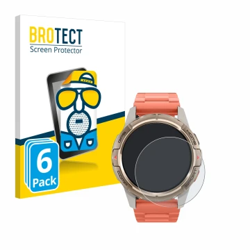 Front side of a product packaging with the brand logo BROTECT. Next to it is the device Xiaomi Mibro GS Active shown with the 