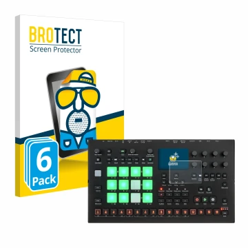 Front side of a product packaging with the brand logo BROTECT. Next to it is the device Elektron Analog Rytm MKII shown with t