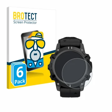 Front side of a product packaging with the brand logo BROTECT. Next to it is the device Garmin Descent G2 shown with the corre