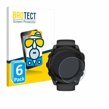 Front side of a product packaging with the brand logo BROTECT. Next to it is the device Garmin Tactix 8 Solar (51 mm) shown wi