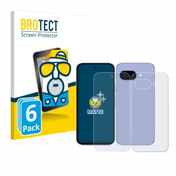 Front side of a product packaging with the brand logo BROTECT. Next to it is the device Google Pixel 9a (Front+Back) shown wit
