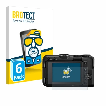 Front side of a product packaging with the brand logo BROTECT. Next to it is the device Canon EOS R50 V shown with the corresp