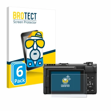 Front side of a product packaging with the brand logo BROTECT. Next to it is the device Canon PowerShot V1 shown with the corr