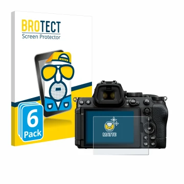 Front side of a product packaging with the brand logo BROTECT. Next to it is the device Nikon Z5 II shown with the correspondi