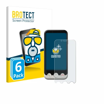 Front side of a product packaging with the brand logo BROTECT. Next to it is the device Doro Aurora A10 shown with the corresp