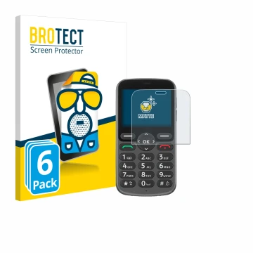 Front side of a product packaging with the brand logo BROTECT. Next to it is the device Doro 1380 shown with the corresponding