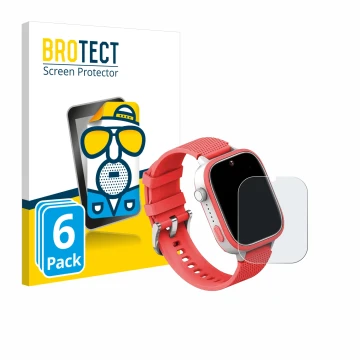 Front side of a product packaging with the brand logo BROTECT. Next to it is the device AngelTech Kids Smartwatch Ultra 1.83