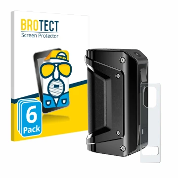 Front side of a product packaging with the brand logo BROTECT. Next to it is the device GeekVape Aegis Legend 3 shown with the