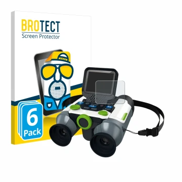 Front side of a product packaging with the brand logo BROTECT. Next to it is the device Vtech Interactive Video Binoculars sho
