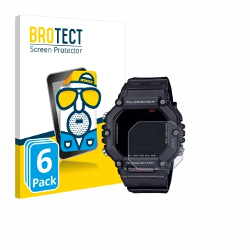 Front side of a product packaging with the brand logo BROTECT. Next to it is the device Casio AE-1600H shown with the correspo