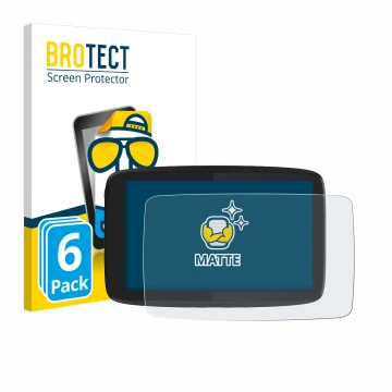 Front side of a product packaging with the brand logo BROTECT. Next to it is the device TomTom GO Camper Tour shown with the c