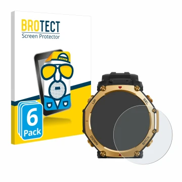 Front side of a product packaging with the brand logo BROTECT. Next to it is the device Huami Amazfit T-Rex 3 Pro (48 mm) show