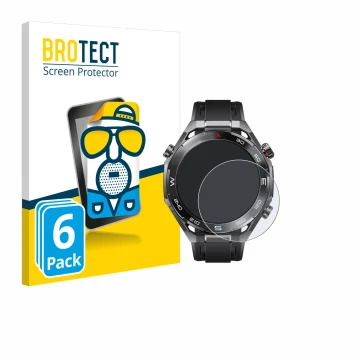 Front side of a product packaging with the brand logo BROTECT. Next to it is the device Huawei Watch Ultimate 2 Black shown wi