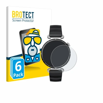 Front side of a product packaging with the brand logo BROTECT. Next to it is the device Huawei Watch GT 6 (41 mm) shown with t