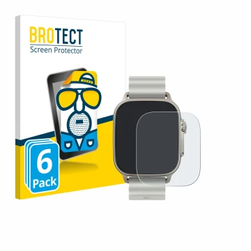 Front side of a product packaging with the brand logo BROTECT. Next to it is the device realme Watch 5 shown with the correspo